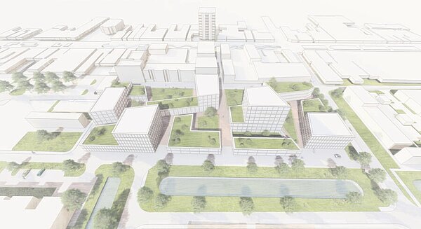 Vogelvluchtimpressie van de toekomstige inrichting van het Nicolaas Beetsplein in Hoogeveen. De schets toont verschillende woongebouwen van meerdere verdiepingen, groene binnenterreinen, wandelpaden, bomen en openbare ontmoetingsplekken, passend binnen de herontwikkeling van het gebied.